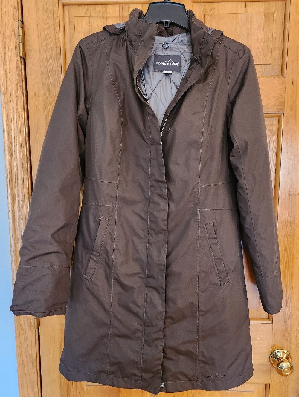 Eddie Bauer Women's Dark Brown Hooded Insulated Trench Coat - Size MT